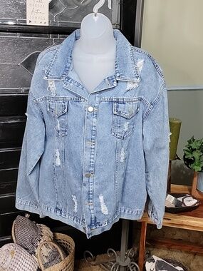 #67 Miss Sparkling Distressed Oversized Denim Jacket Women Size M